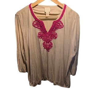 Chico's Sz. Xlaege Tan/pink Linen Blouse